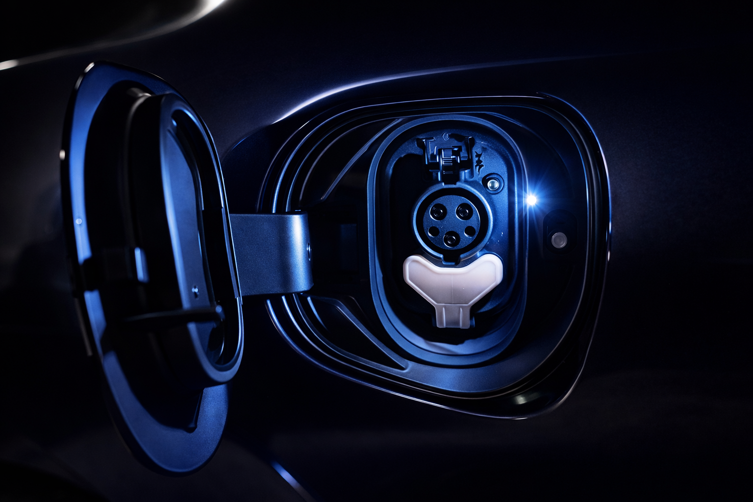 EV charging port with integrated blue LED lighting system